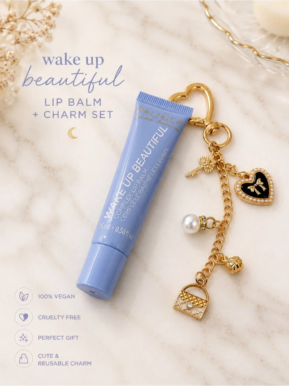 Pacifica Wake Up Beautiful Lip Balm + Midnight Bow Charm Gift Set NIB